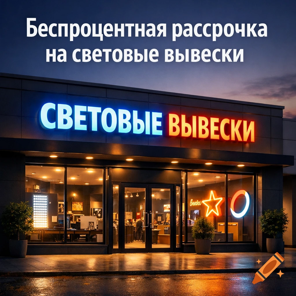 Modern storefront at night with neon 'Light Signs' and a banner for 'Interest-free installments for light signs'.