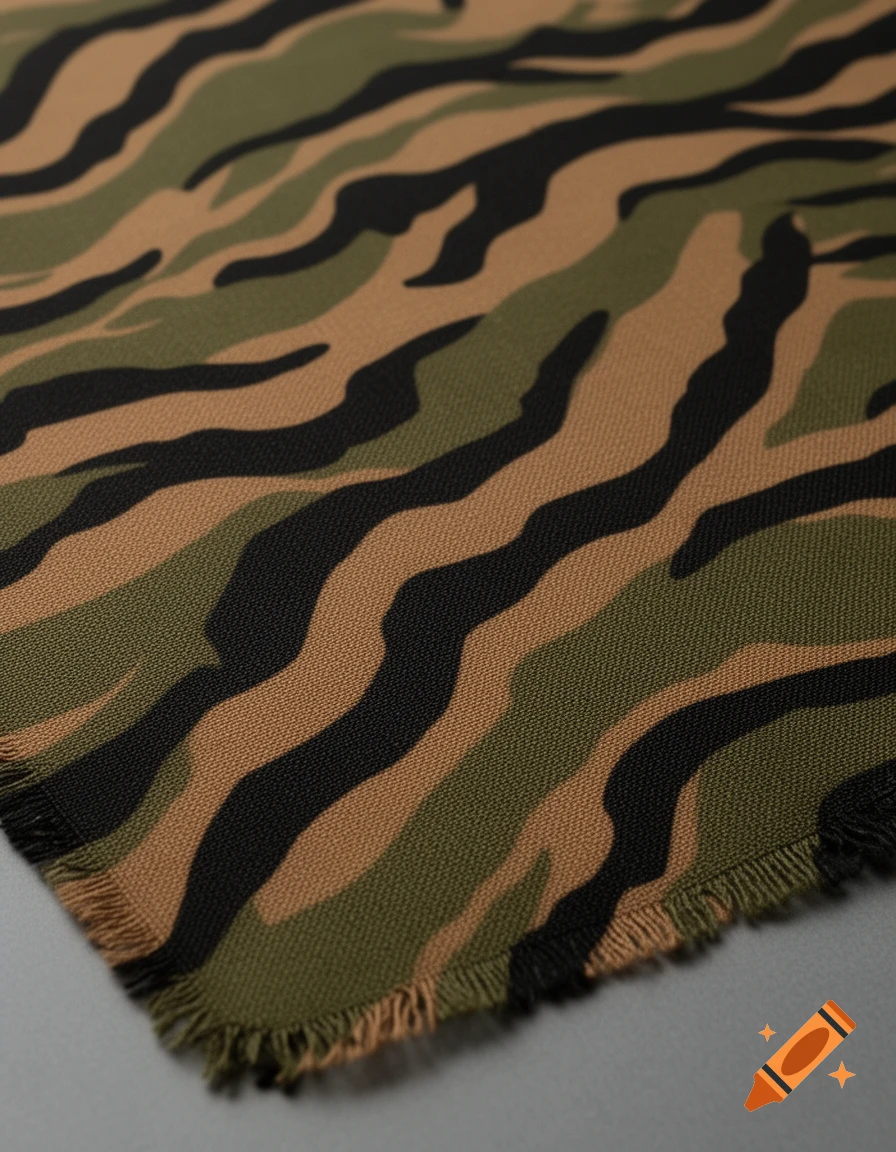 A close-up of fabric with a tiger-stripe camouflage pattern in dark green, brown, and black, with a frayed edge.