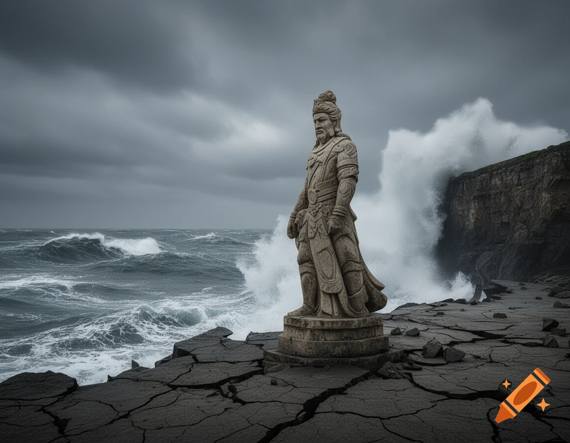 Photorealistic image of a stone warrior statue on a cracked coastline, stormy sea with crashing waves and dark cliffs in the background.