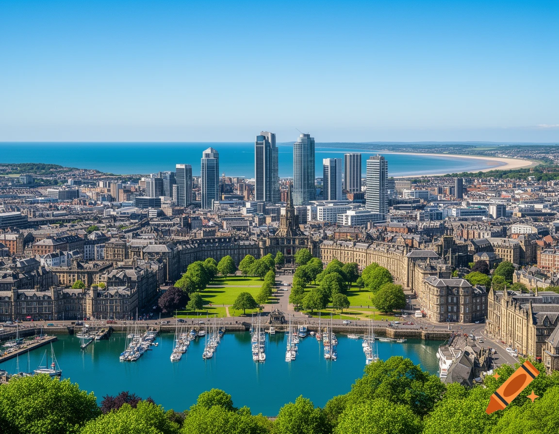 Aerial view of a bustling coastal city, featuring modern skyscrapers, historic architecture, green parks, a marina, and a distant sandy beach.