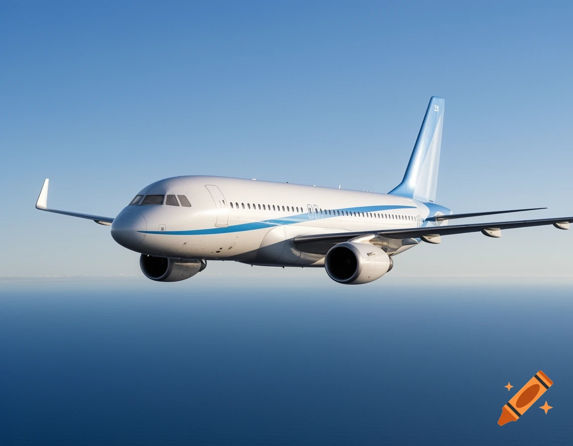 A white and blue passenger jet flies over a vast blue ocean under a clear sky.
