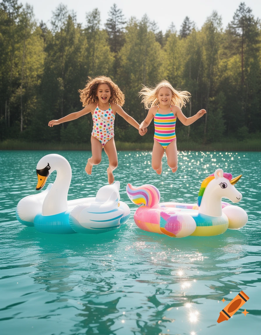 Two happy young girls jumping into a lake near swan and unicorn inflatables with a forest in the background.