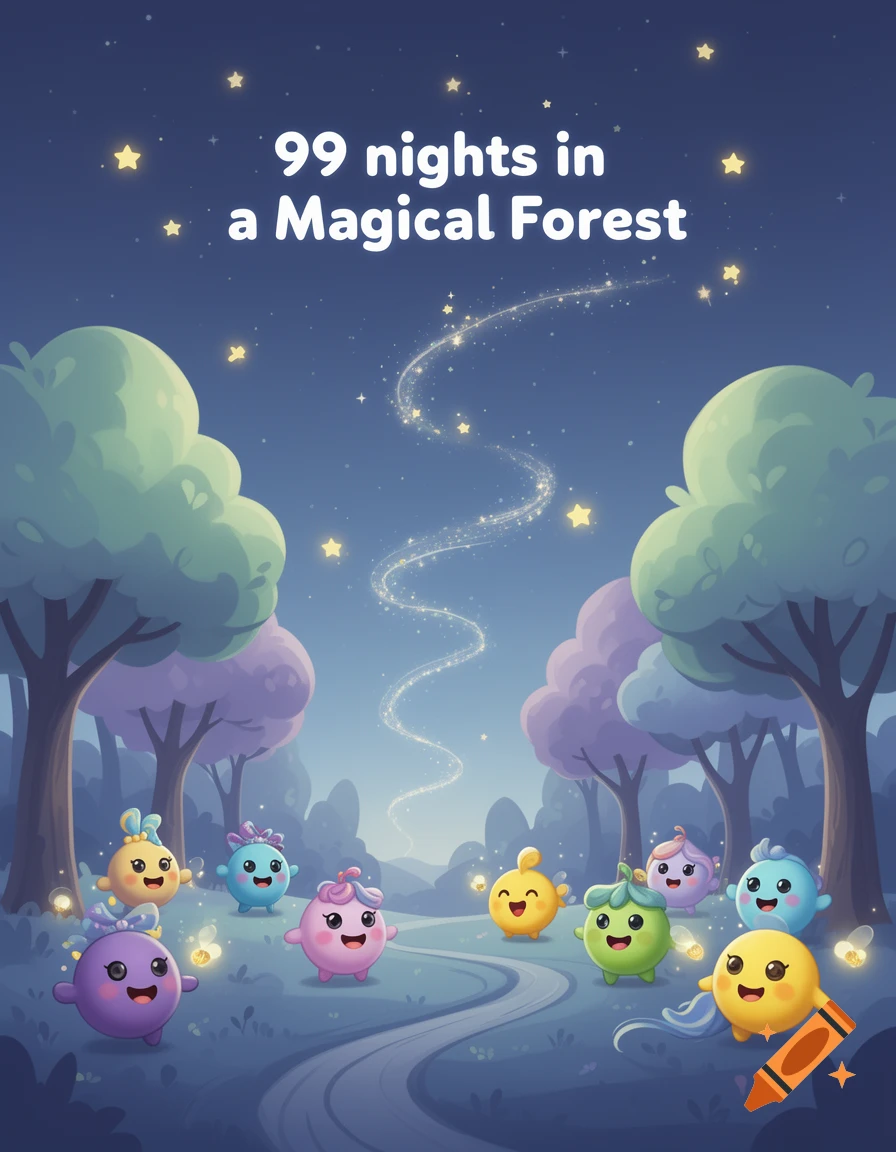 Cartoon image of cute, round, colorful creatures with happy faces in a magical forest at night with stars and glowing paths. Text reads '99 nights in a Magical Forest'.