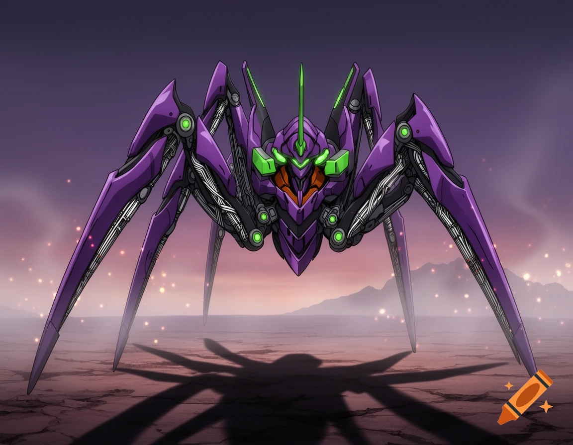 A purple and green Evangelion-style mechanical spider stands on a desolate plain under a twilight sky.