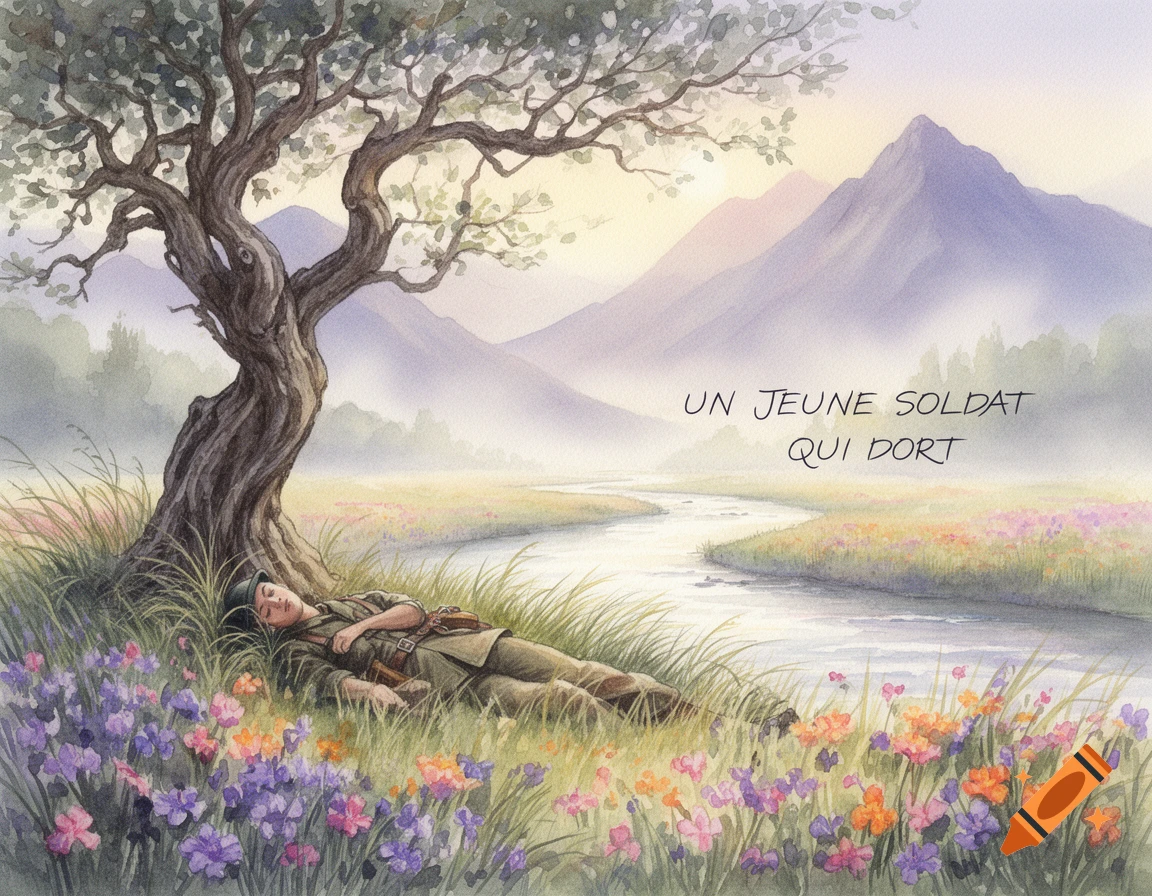 Watercolor painting of a soldier sleeping under a tree in a flower-filled meadow by a river, with mountains in the background.