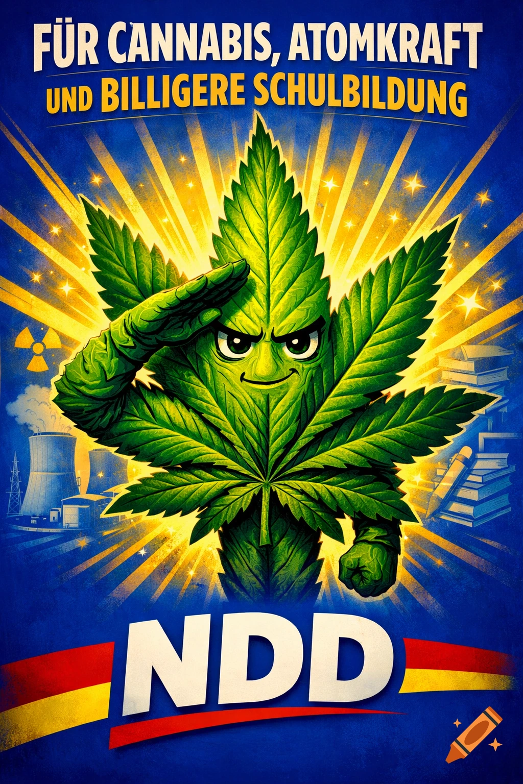 Political poster with a cartoon cannabis leaf character saluting, promoting cannabis, nuclear power, and cheaper education for the NDD party.