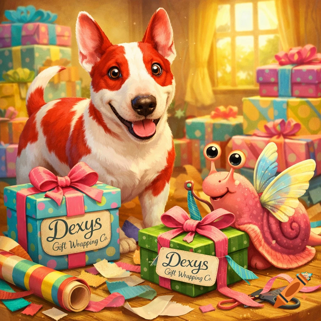 A cheerful red and white dog and a pink snail with butterfly wings are among colorful gifts and wrapping supplies in a vibrant cartoon illustration.