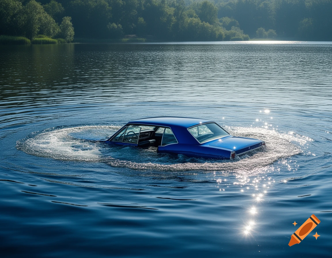 A blue vintage car sinking into a clear lake, surrounded by ripples, with trees in the distant background under a bright sky.