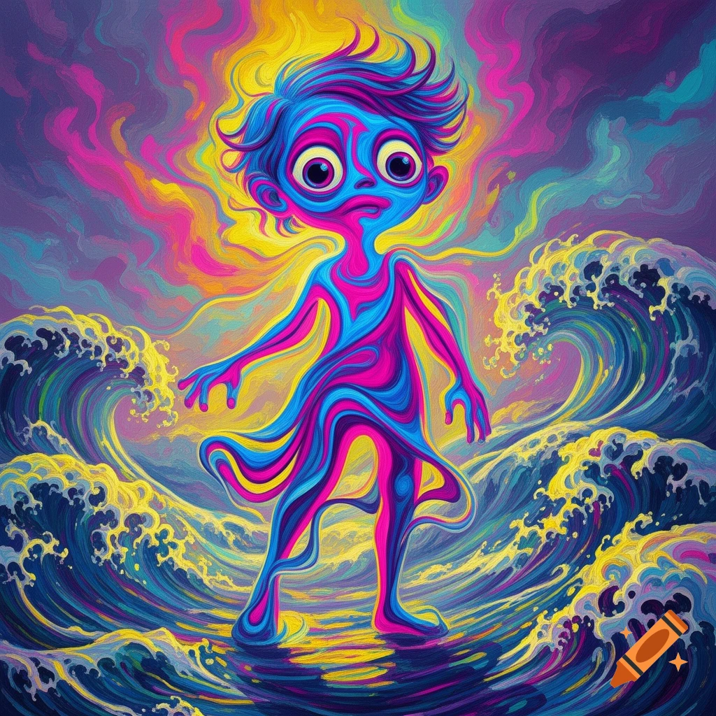 Abstract, psychedelic painting of a distorted blue and pink figure in vibrant waves under a colorful, swirling sky.