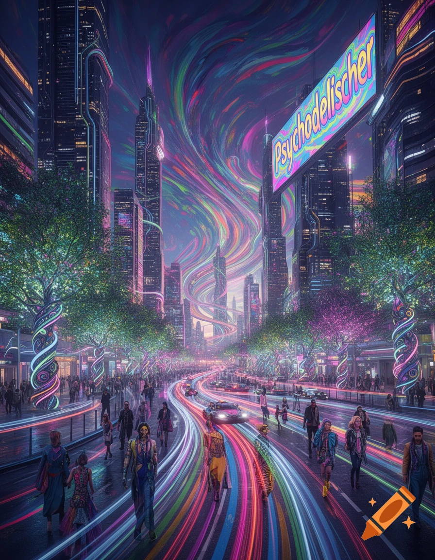 A psychedelic cyberpunk city street at night, with towering neon skyscrapers, swirling colorful light trails, and people walking amidst vibrant glow.