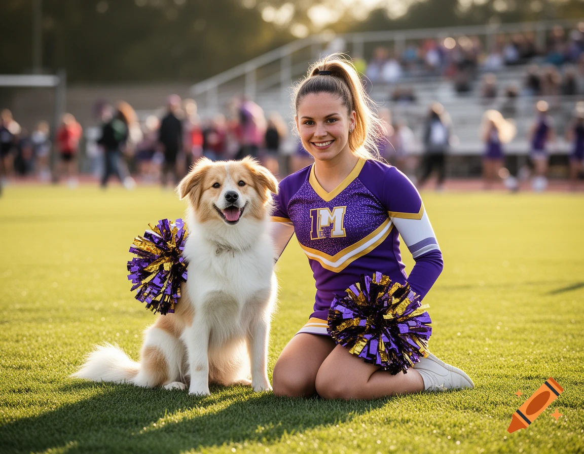A smiling cheerleader in a purple and gold uniform kneels next to a happy dog with matching pom-poms on a sunny green field.