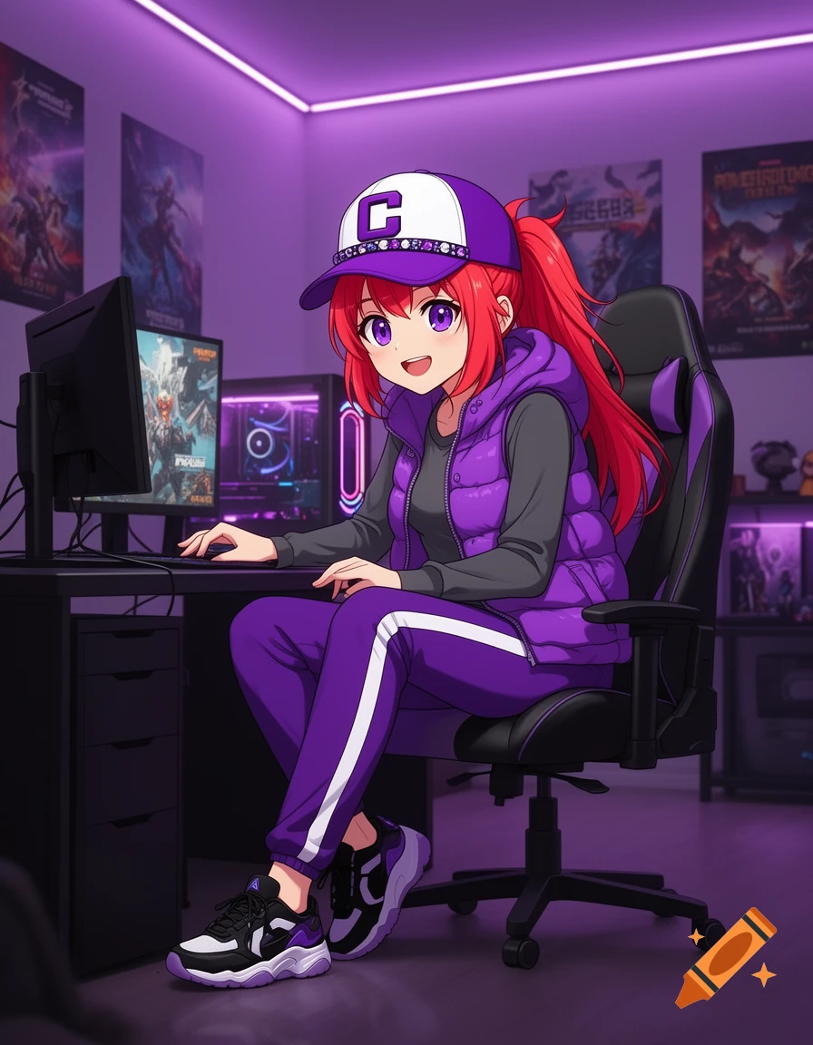 An anime gamer girl with red hair and purple eyes, wearing a purple and white cap, purple vest, and track pants, sits at a desk with a computer setup, glowing purple.