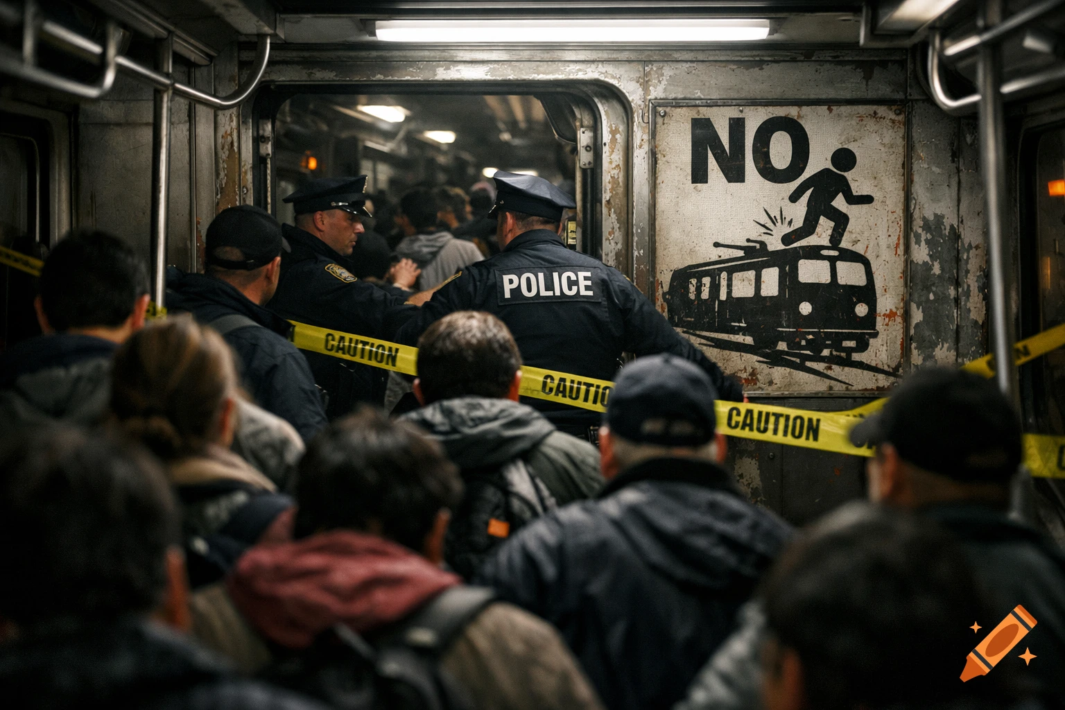 Police officers behind caution tape in a crowded subway car, with a "NO person on train" sign visible.