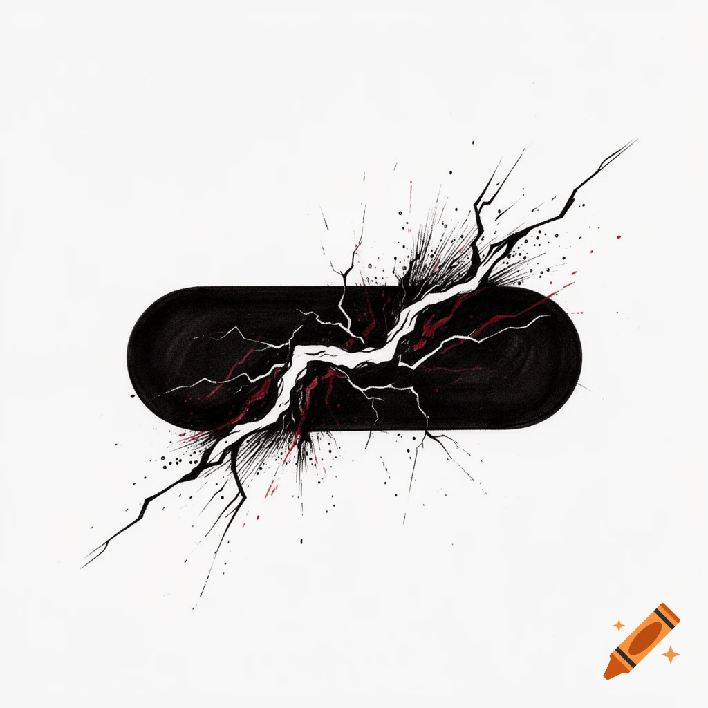 A black capsule-like shape with a white and red explosive crack, in an abstract tattoo design style.