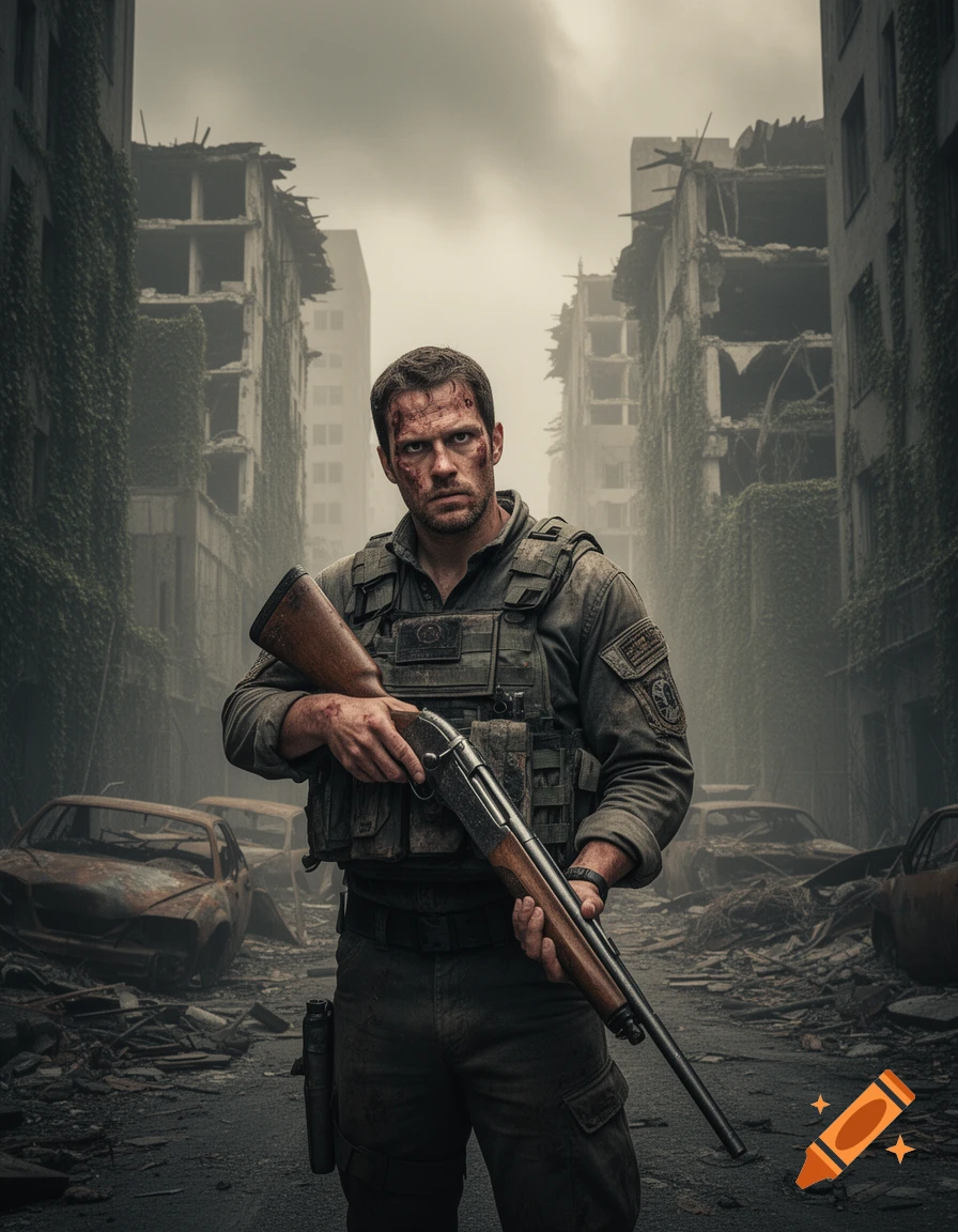 A photorealistic image of a rugged man in military gear holding a shotgun, standing in a ruined city with destroyed cars.