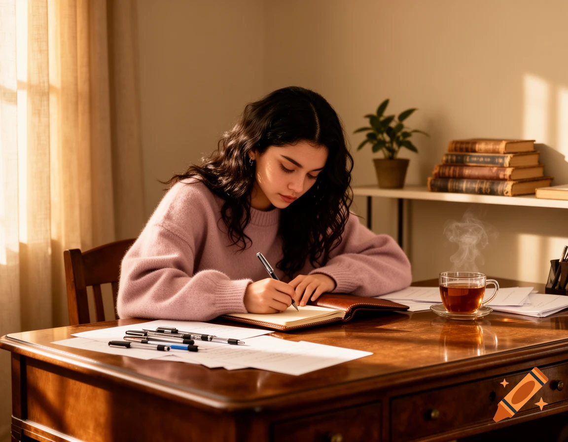 A young woman with long dark wavy hair, wearing a light pink sweater, writes in a brown leather journal at a wooden desk, with a steaming cup of tea nearby.