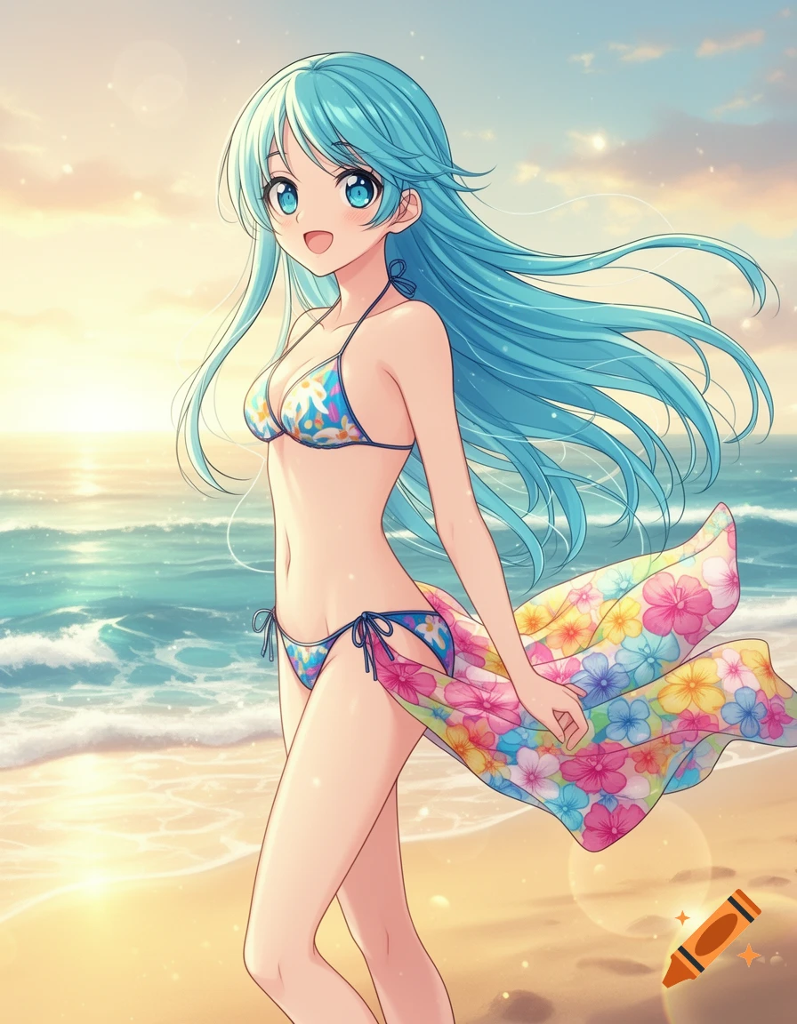 An anime girl with long blue hair and large blue eyes in a floral bikini walking on a sunny beach.