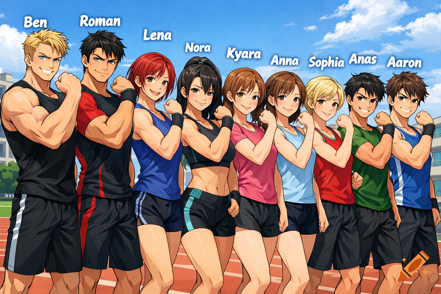 An anime-style digital illustration of nine athletic young adults, both male and female, lined up on a running track, flexing their biceps and smiling confidently. Each character has their name displayed above them.