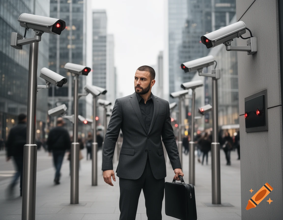 A man in a suit holds a briefcase while walking through a city street lined with numerous security cameras.