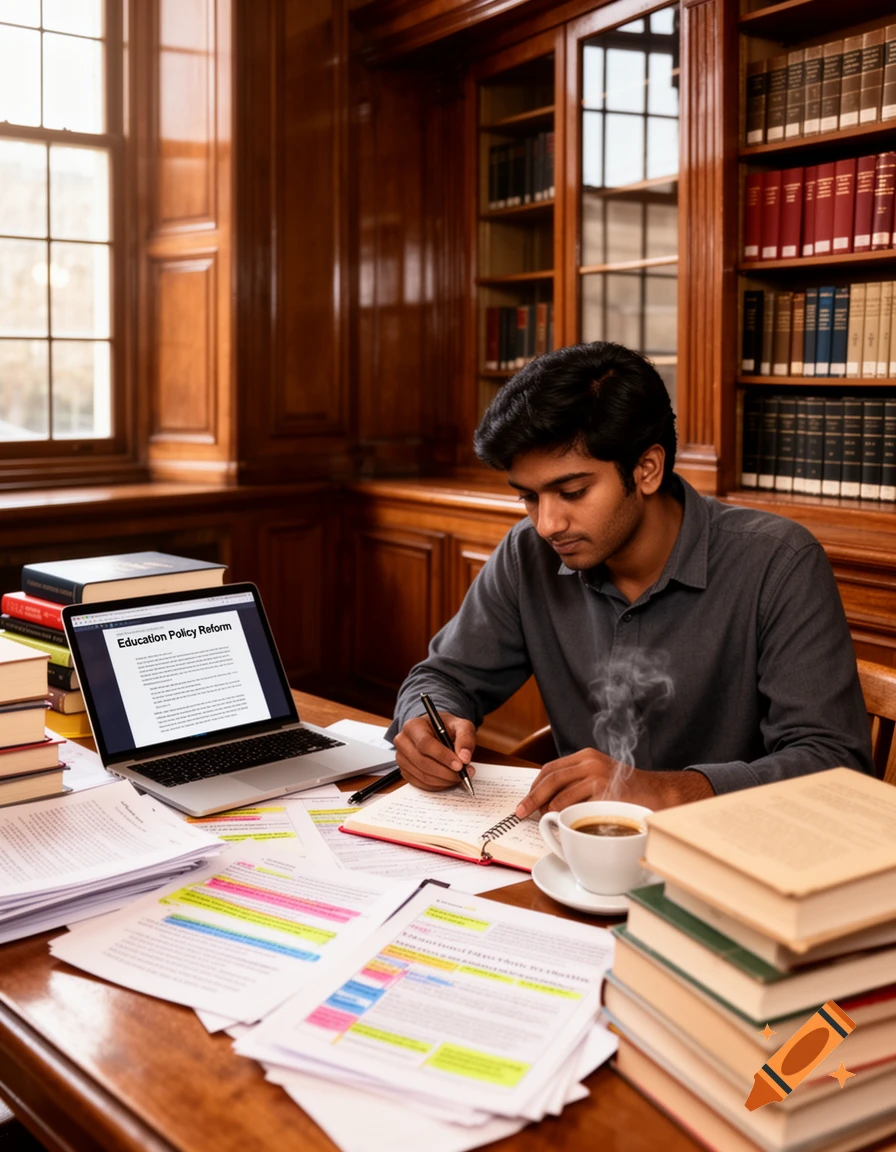 A young student in a library diligently studies, writing in a notebook at a desk full of books, papers, and an open laptop showing 'Education Policy Reform'.