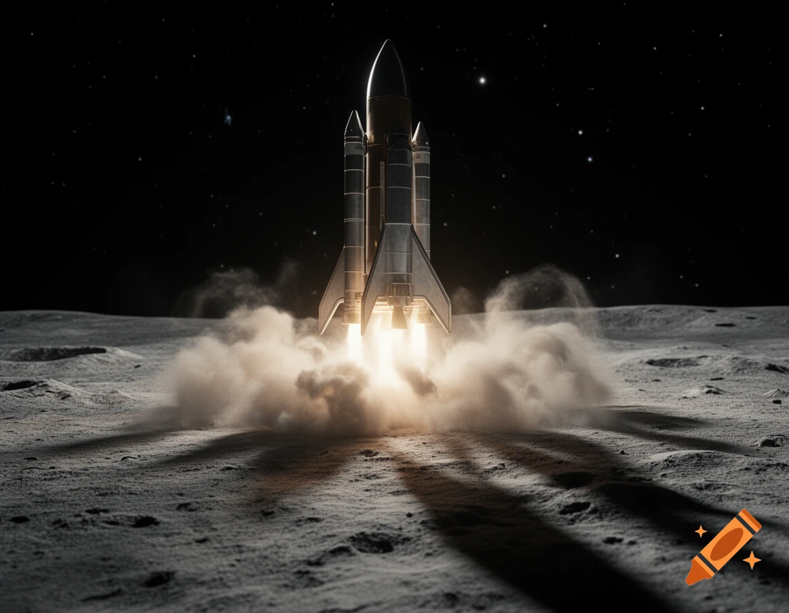 A large, metallic rocket launches from a cratered moon surface, enveloped in bright exhaust smoke under a starry night sky.