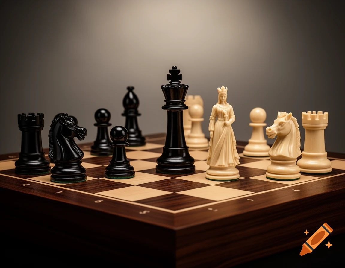 A close-up of a wooden chessboard with black and white pieces arranged, under dramatic lighting.