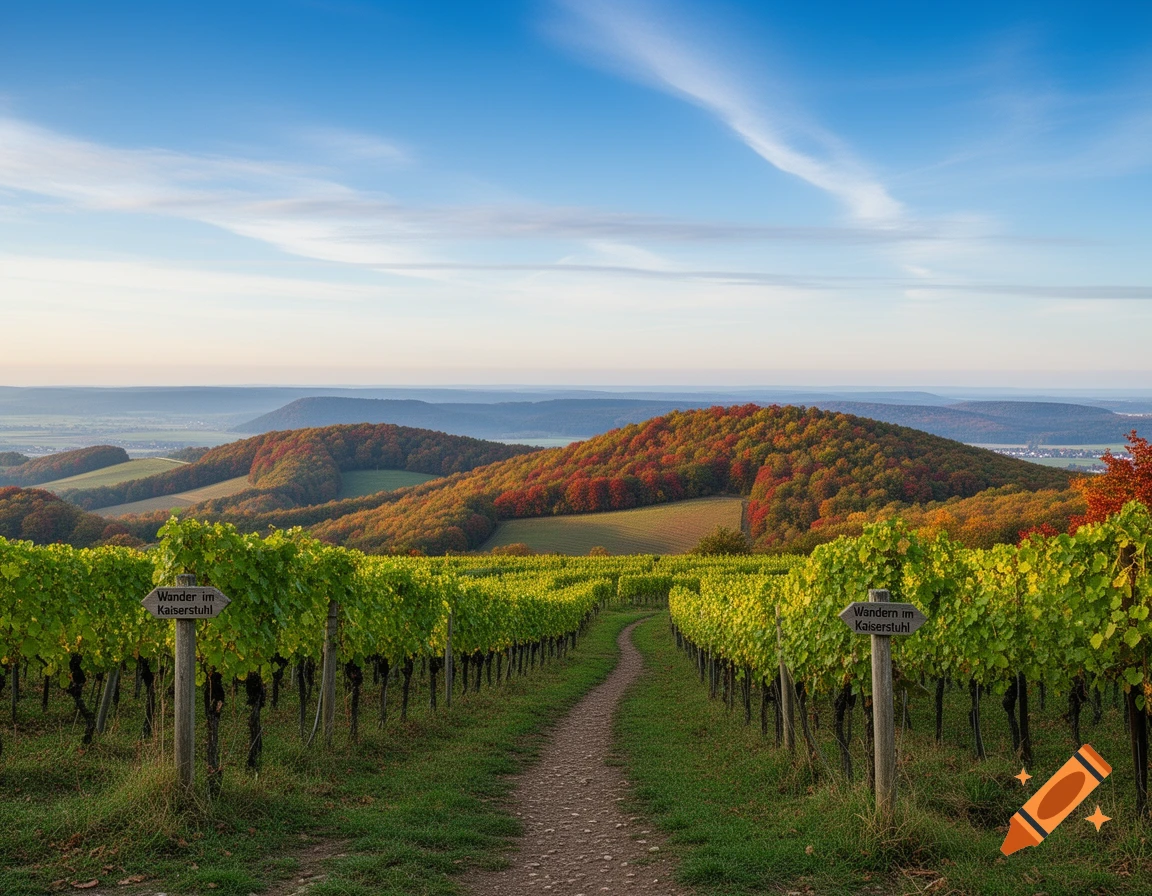 A winding dirt path leads through rows of green grapevines towards hills with autumn trees, under a clear blue sky.