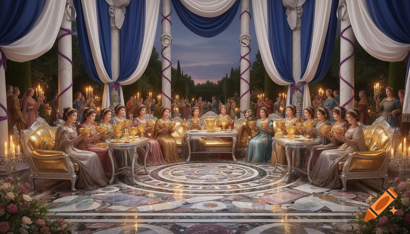 Women in elegant dresses feast at a lavish banquet in a grand royal palace garden, surrounded by ornate pillars, drapes, and a mosaic floor.