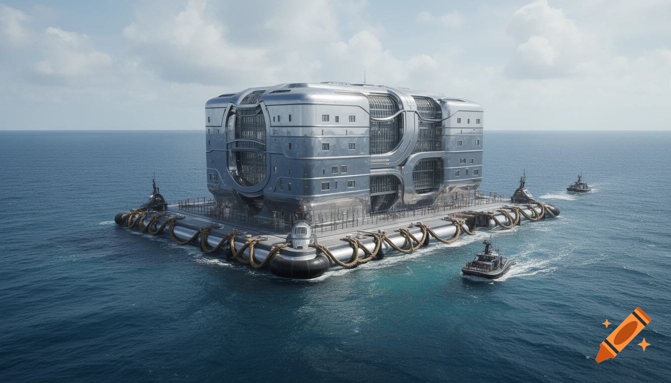 A futuristic, metallic floating structure on the open sea, accompanied by smaller boats under a cloudy sky.