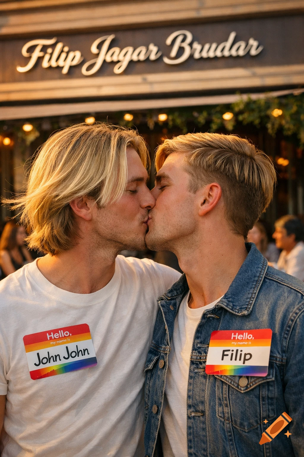 Two blonde men kiss, one wearing a 'John John' nametag and the other a 'Filip' nametag, in front of a restaurant sign.