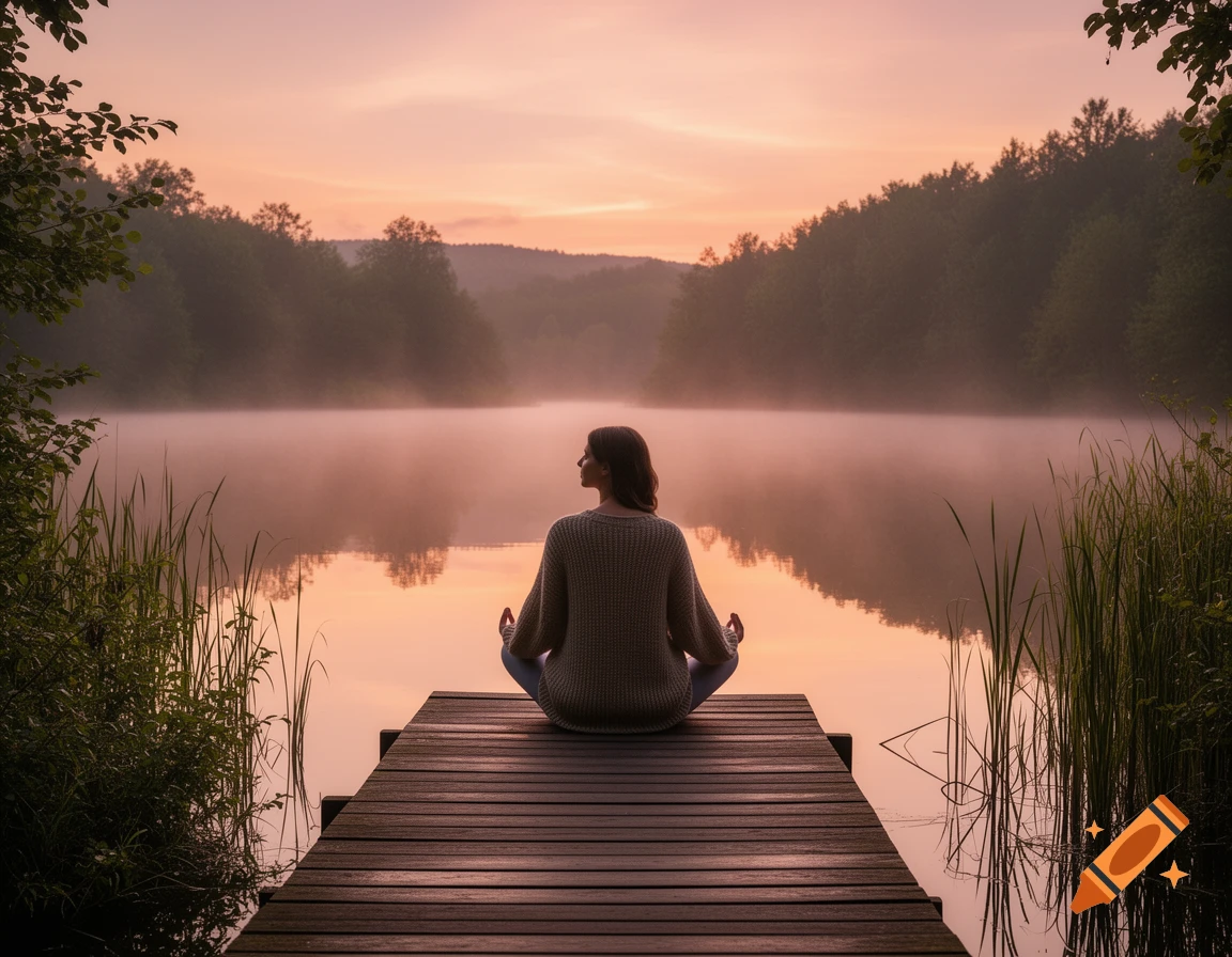 A person meditates in lotus position on a wooden dock overlooking a misty lake at sunrise, surrounded by nature.
