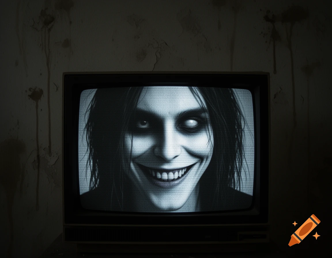An unsettling character with white eyes and a wide smile on a static-filled old television in a dark, grungy room.