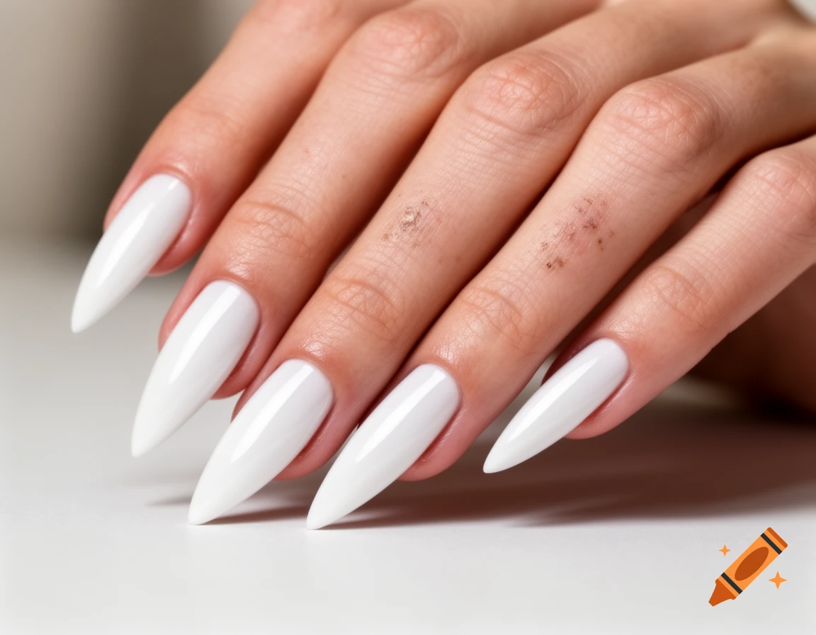 A close-up shot of a hand with five long, sharply pointed white fingernails against a light background.