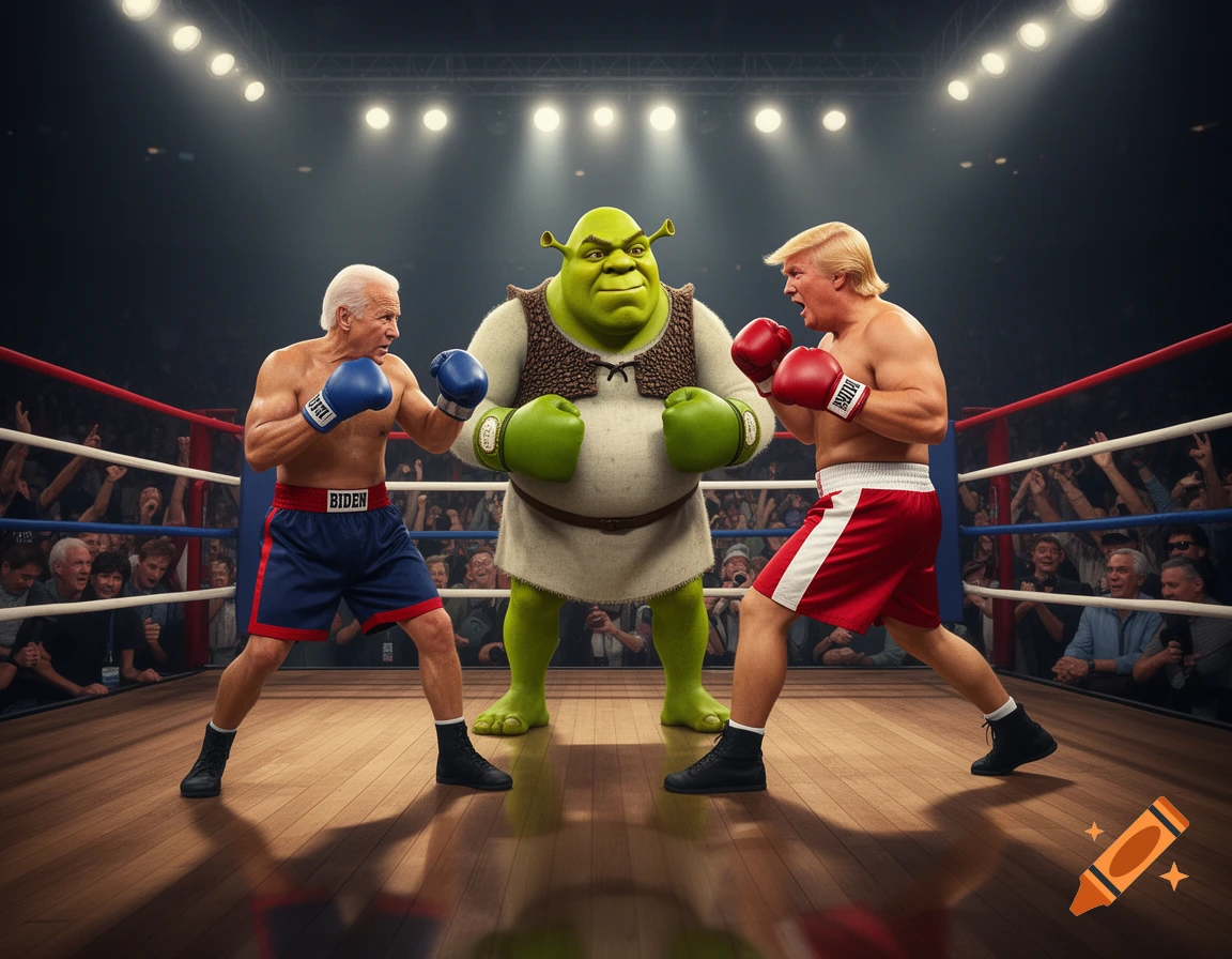 Joe Biden and Donald Trump, wearing boxing gloves and shorts, face each other in a boxing ring, with Shrek standing between them as a referee. A crowd watches from the stands.