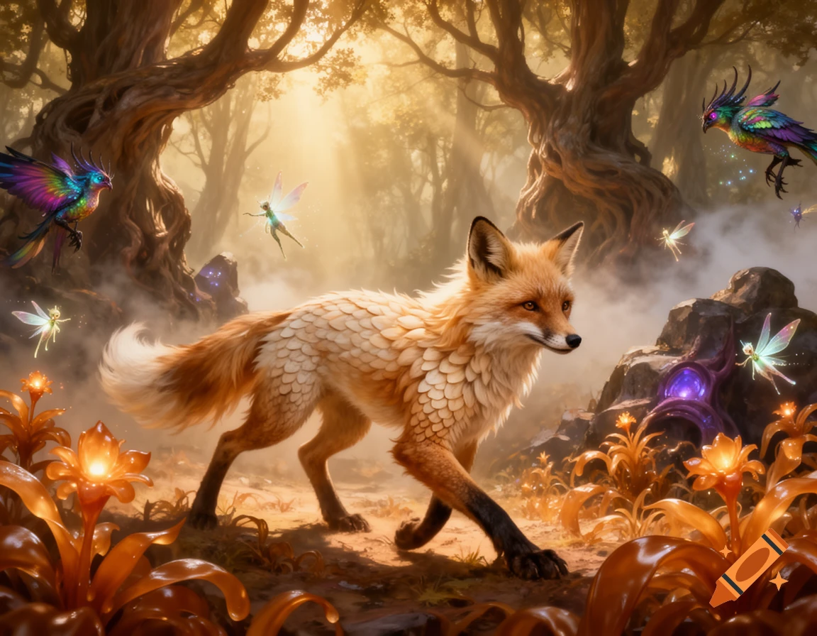 A stylized red fox with scale-like fur walks through a sun-drenched ...