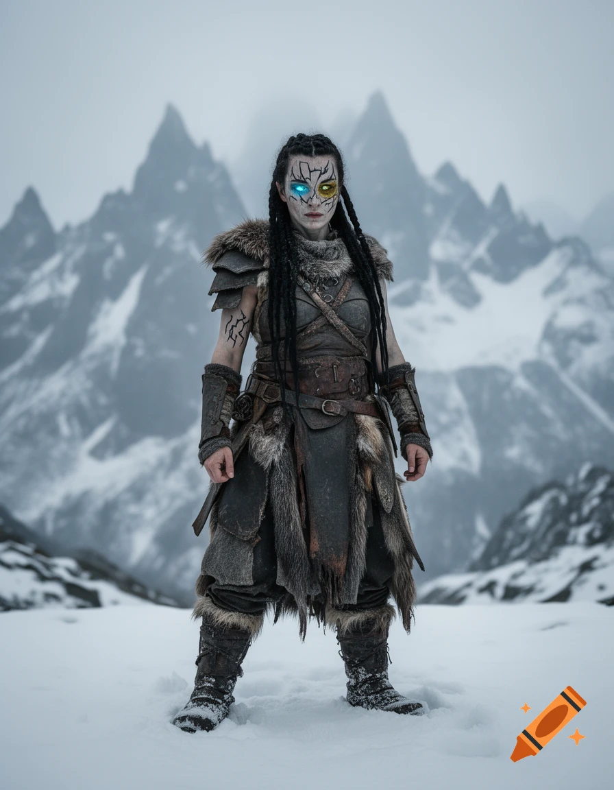 A photorealistic female warrior with braided hair, tribal face paint ...
