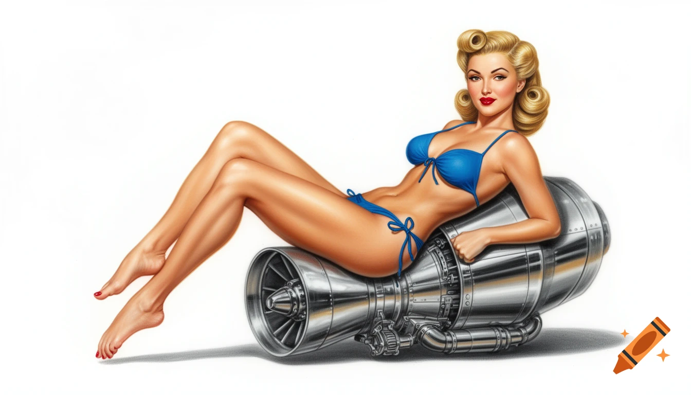 A classic airbrush pinup girl with blonde victory rolls and red lips, reclining on a jet engine in a blue bikini.