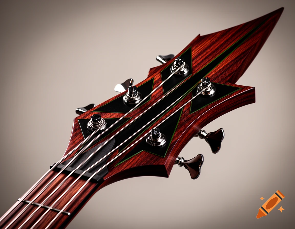 Photorealistic close-up of a dark wood, spiky 4-string bass guitar headstock with metallic tuners.