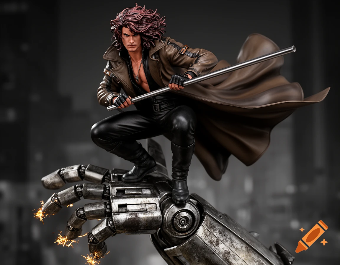 Photorealistic statue of Gambit from X-Men, crouching on a damaged Sentinel robot hand, holding a metal bo staff.