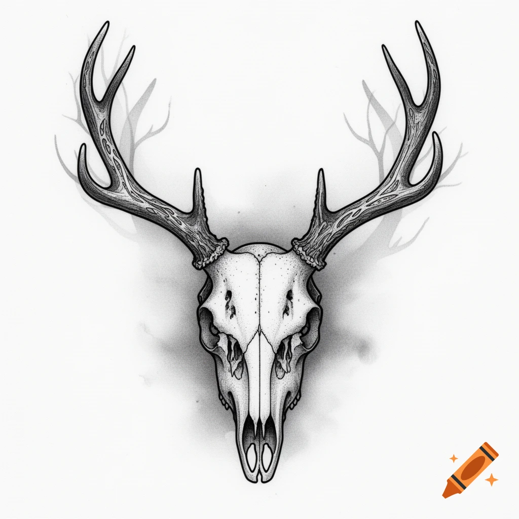 A black and white tattoo sketch of a deer skull with prominent antlers, with subtle branch-like shadows in the background.