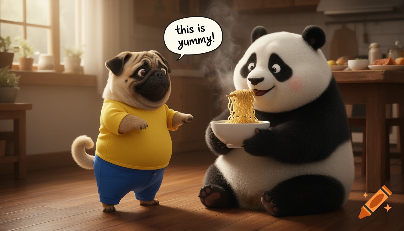 A cartoon pug in a yellow shirt and blue pants watches a panda happily eating noodles from a bowl, with a speech bubble saying "this is yummy!"