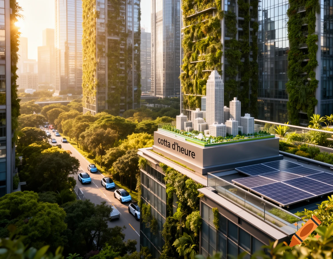 A vibrant, futuristic city with skyscrapers covered in lush greenery, electric cars on a winding road, and solar panels on rooftops. Sunlight bathes the scene, highlighting a miniature city model with 'cotta d'heure' on its base.
