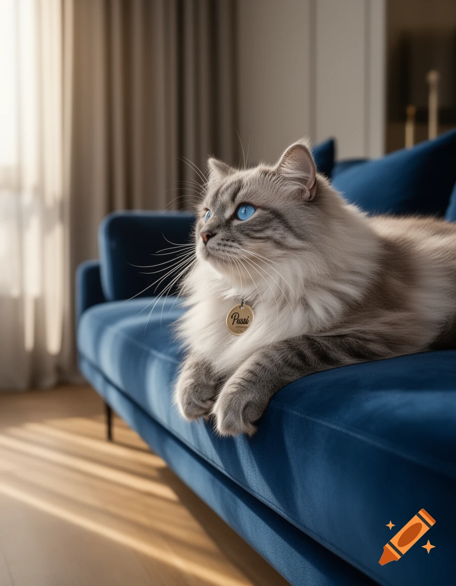 A fluffy, light gray cat with striking blue eyes lounges on a deep blue velvet sofa in a sunlit room.
