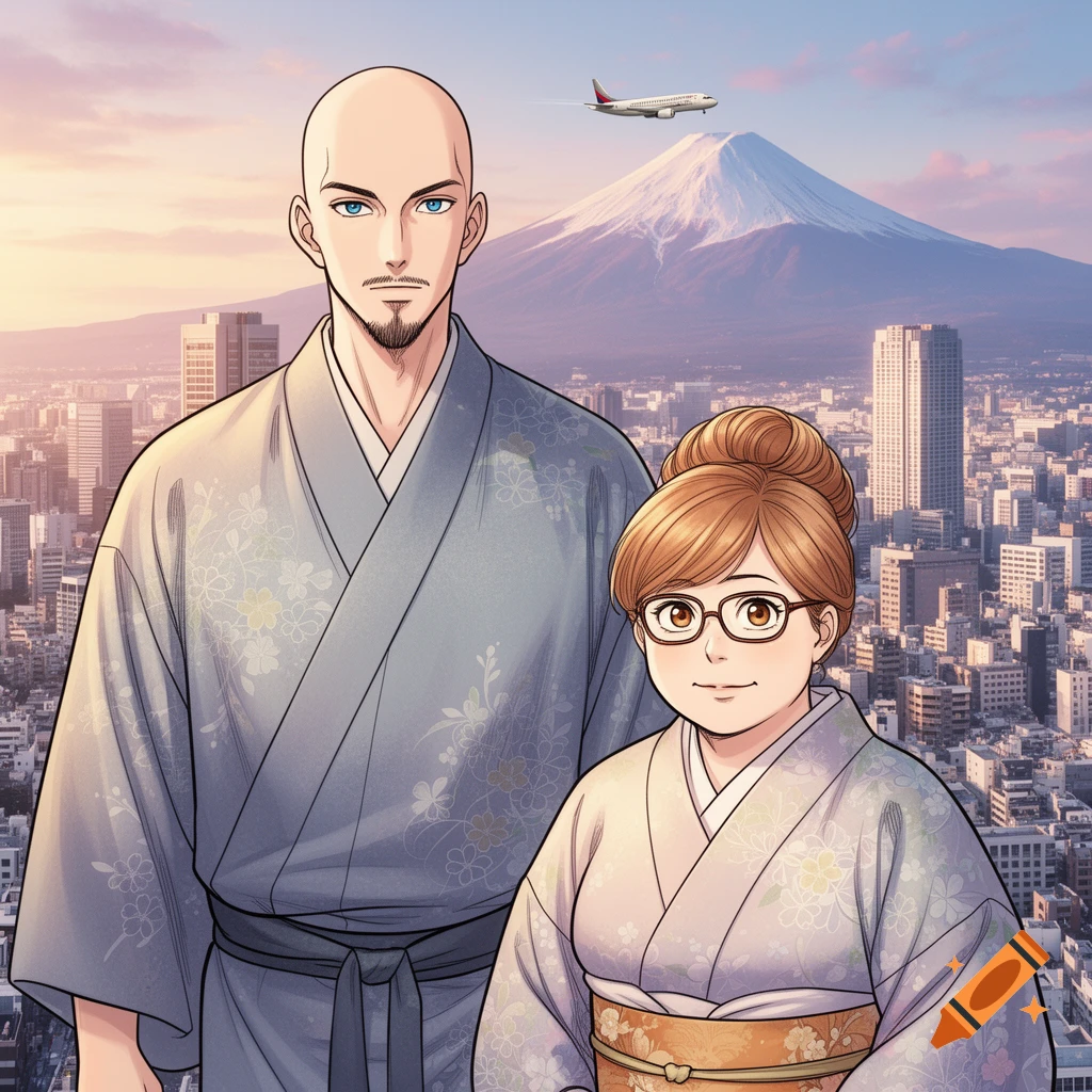 A manga drawing of a man and woman in kimonos overlooking Tokyo city with Mount Fuji and an airplane in the sky at sunset.