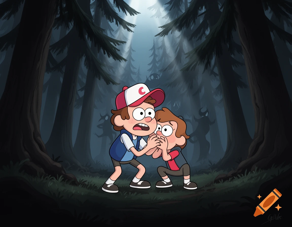 Cartoon image of Dipper Pines covering another boy's mouth in a dark, spooky forest with shadowy monsters, both looking scared.