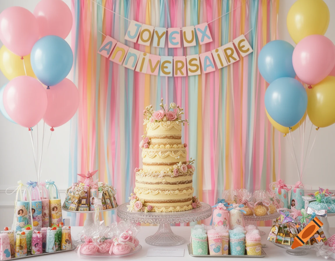 A vibrant birthday party scene with a tiered cake, colorful balloons, party favors, and a 'JOYEUX ANNIVERSAIRE' banner.