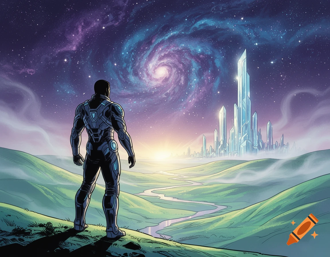 A person in a futuristic suit stands on a hill, overlooking a crystal-like city, a winding river, and a vibrant galaxy in graphic novel style.