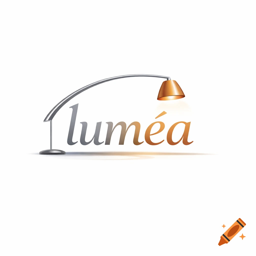 A modern logo for "lum r A modern logo for "luméa" featuring a stylized arc floor lamp with a glowing bronze shade, integrated into the text, on a white background.