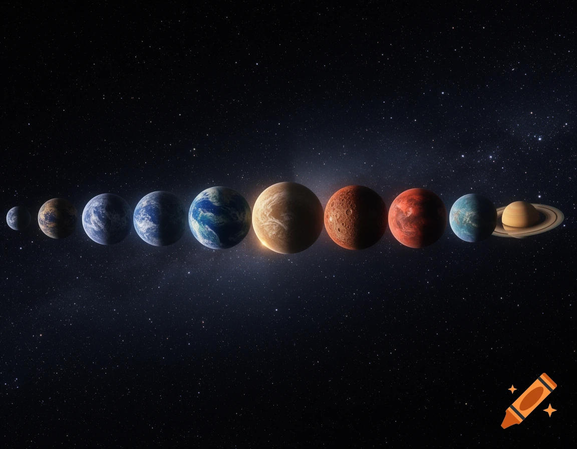 A horizontal alignment of nine planets, including rocky, icy, and gas giants, set against a dark, star-filled cosmic background.