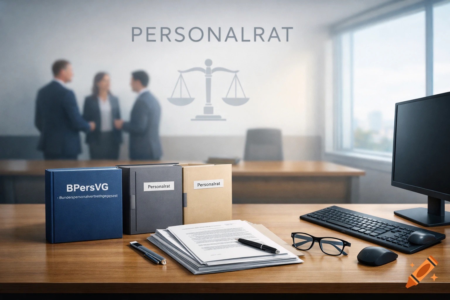 Photorealistic image of a modern office desk with legal books, documents, computer, and blurred business people in background.